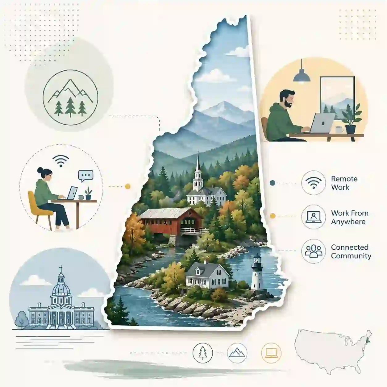 New Hampshire state map with icons for mobile, office, remote team and call center connected to a central phone pin